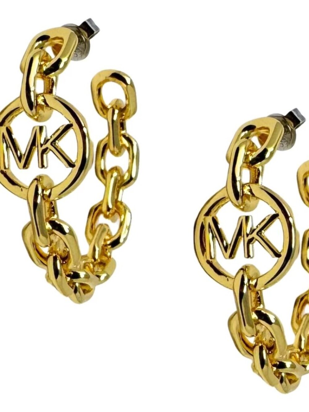 MICHAEL KORS Logo Yellow Gold-Tone Studs Earrings w/Connector Chain NWT